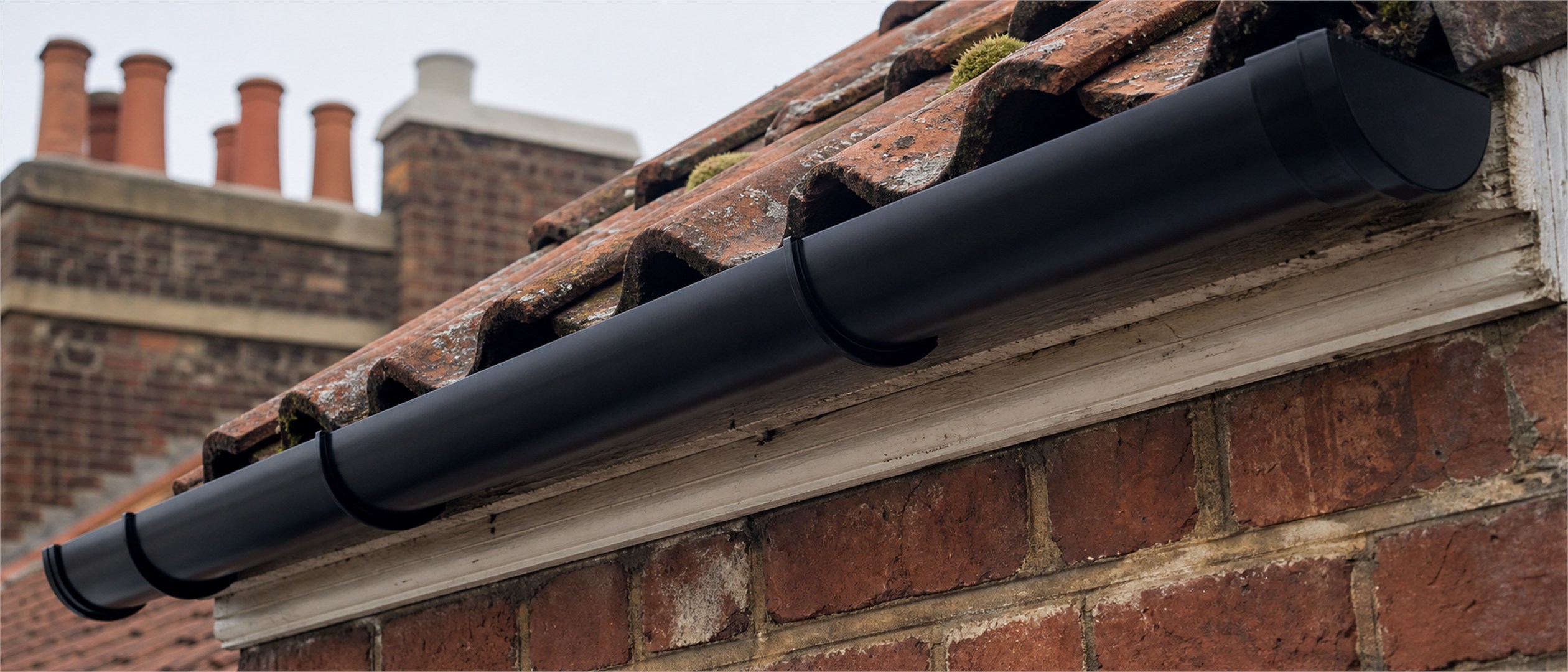 Hand-finished black guttering meeting weathered red roof tiles on a Brighton period property