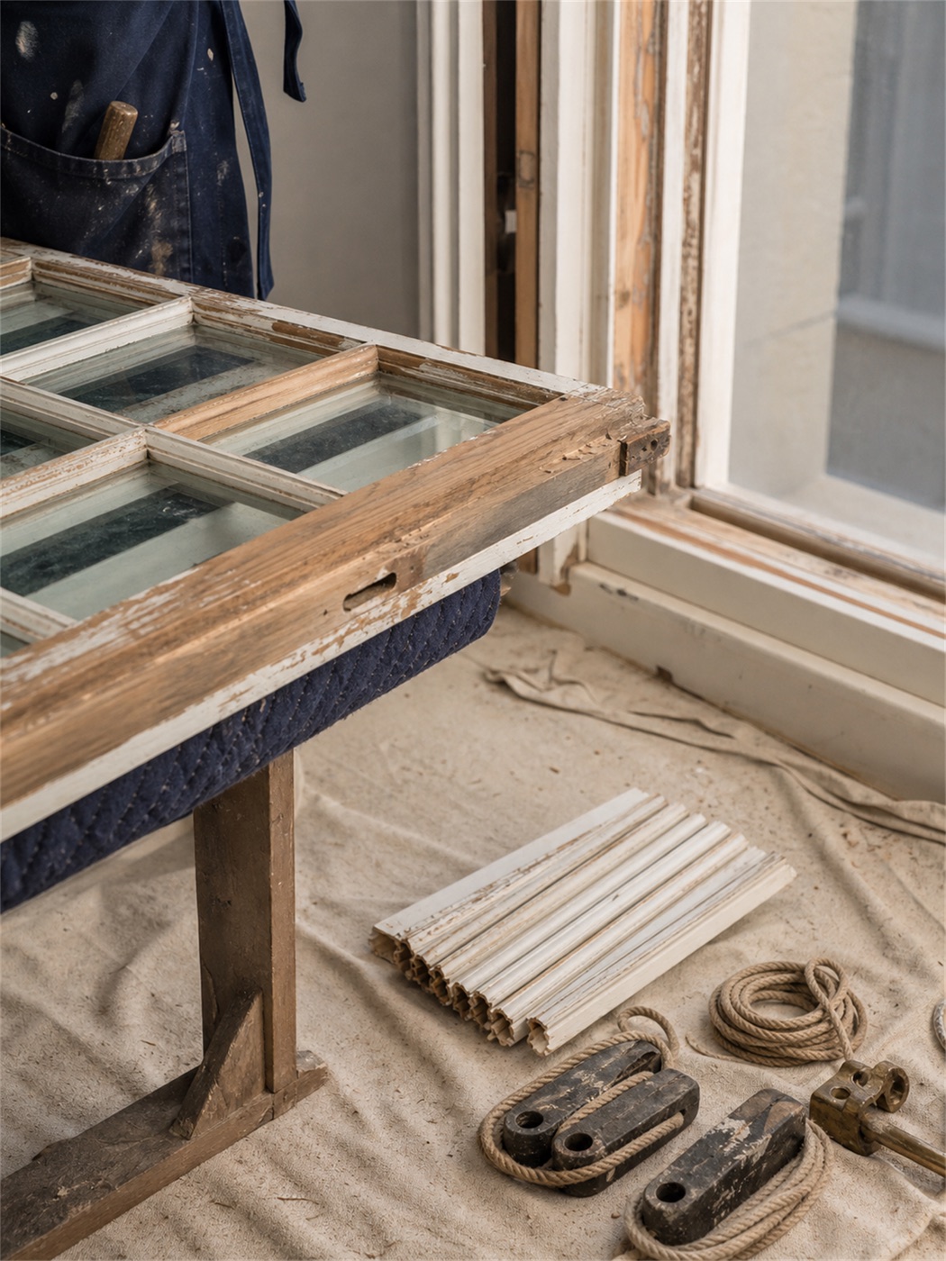 Sash window stripped back for restoration